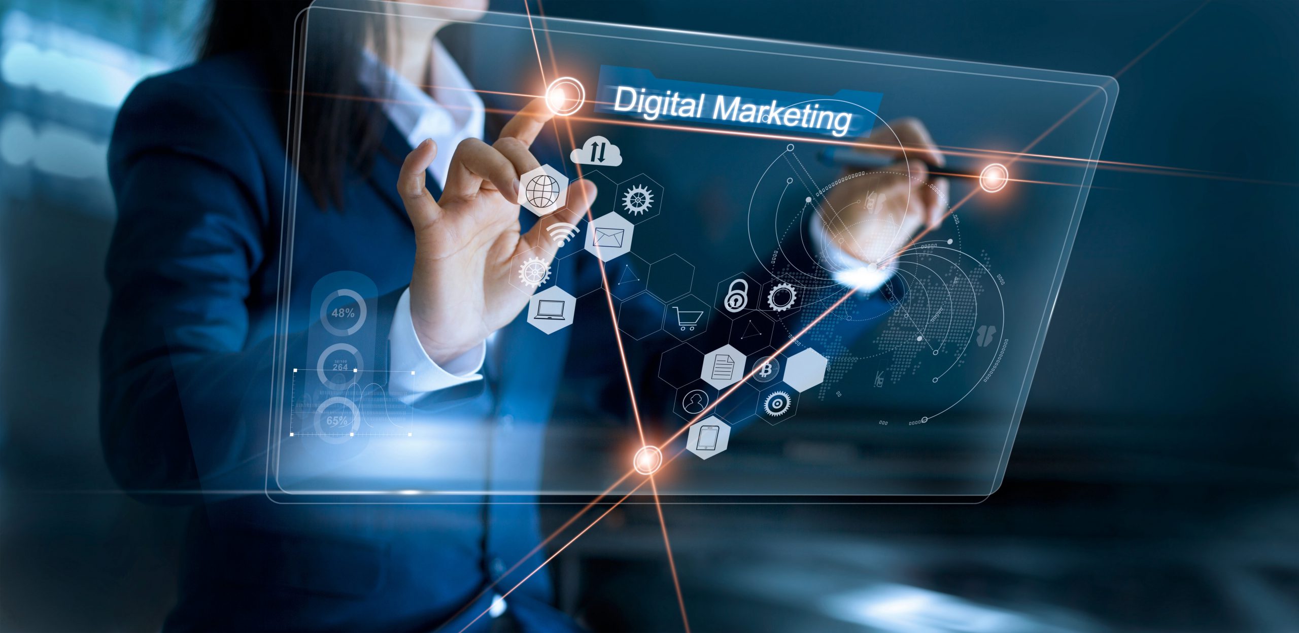Digital marketing. Businesswoman using and drawing global structure networking on modern interface payments online shopping. Icon customer network connection on virtual screen. Plan and strategy. Business innovation technology concept