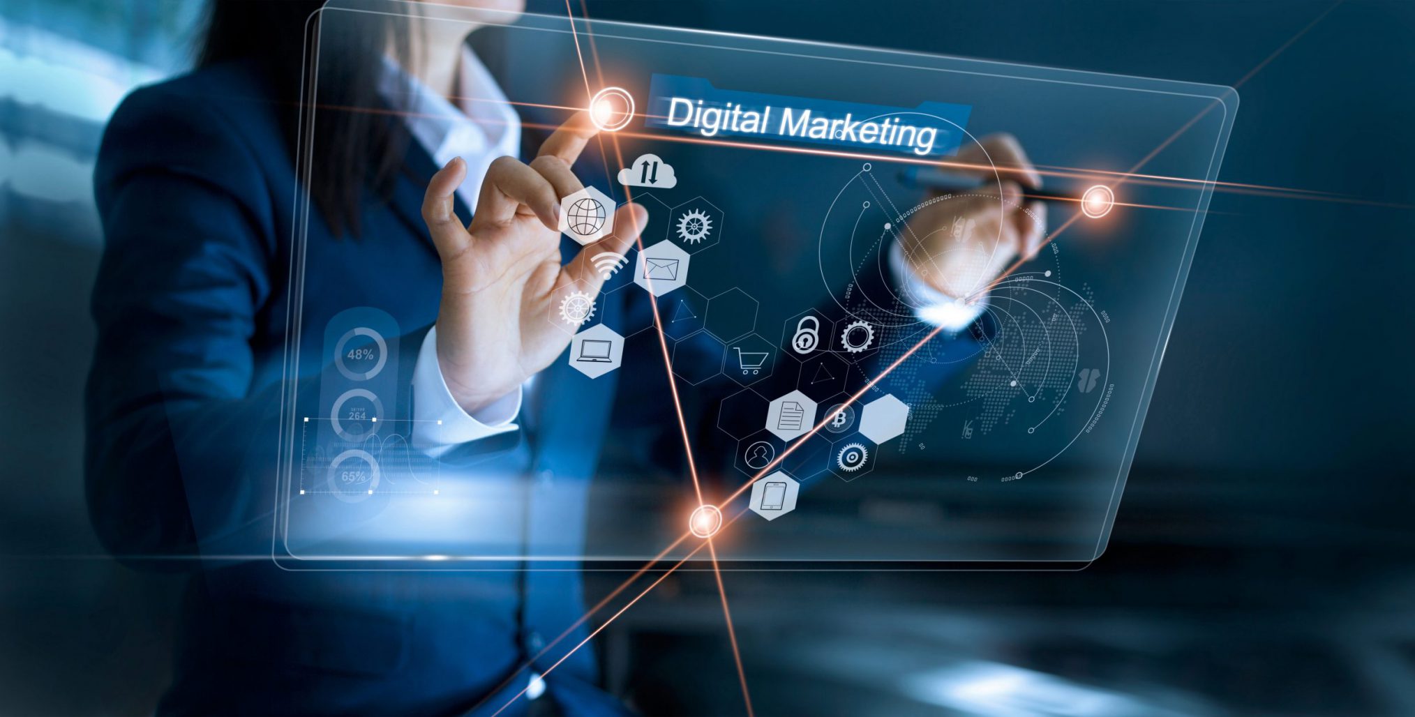 Digital marketing. Businesswoman using and drawing global structure networking on modern interface payments online shopping. Icon customer network connection on virtual screen. Plan and strategy. Business innovation technology concept